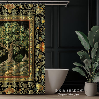 Emerald Aesthetic Folklore Shower Curtain | Celestial Tree of Life Moonlit Forest Enchanted Mystic Woodland Bathroom Cottagecore Whimsical