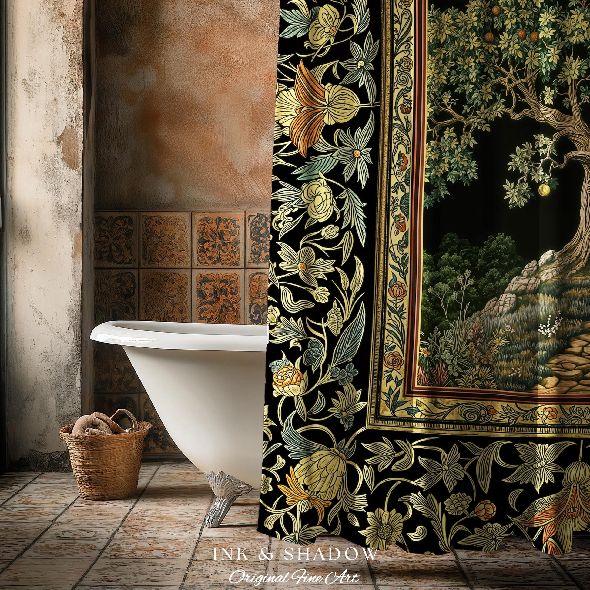 Emerald Aesthetic Folklore Shower Curtain | Celestial Tree of Life Moonlit Forest Enchanted Mystic Woodland Bathroom Cottagecore Whimsical