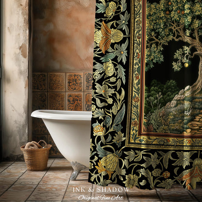 Emerald Aesthetic Folklore Shower Curtain | Celestial Tree of Life Moonlit Forest Enchanted Mystic Woodland Bathroom Cottagecore Whimsical