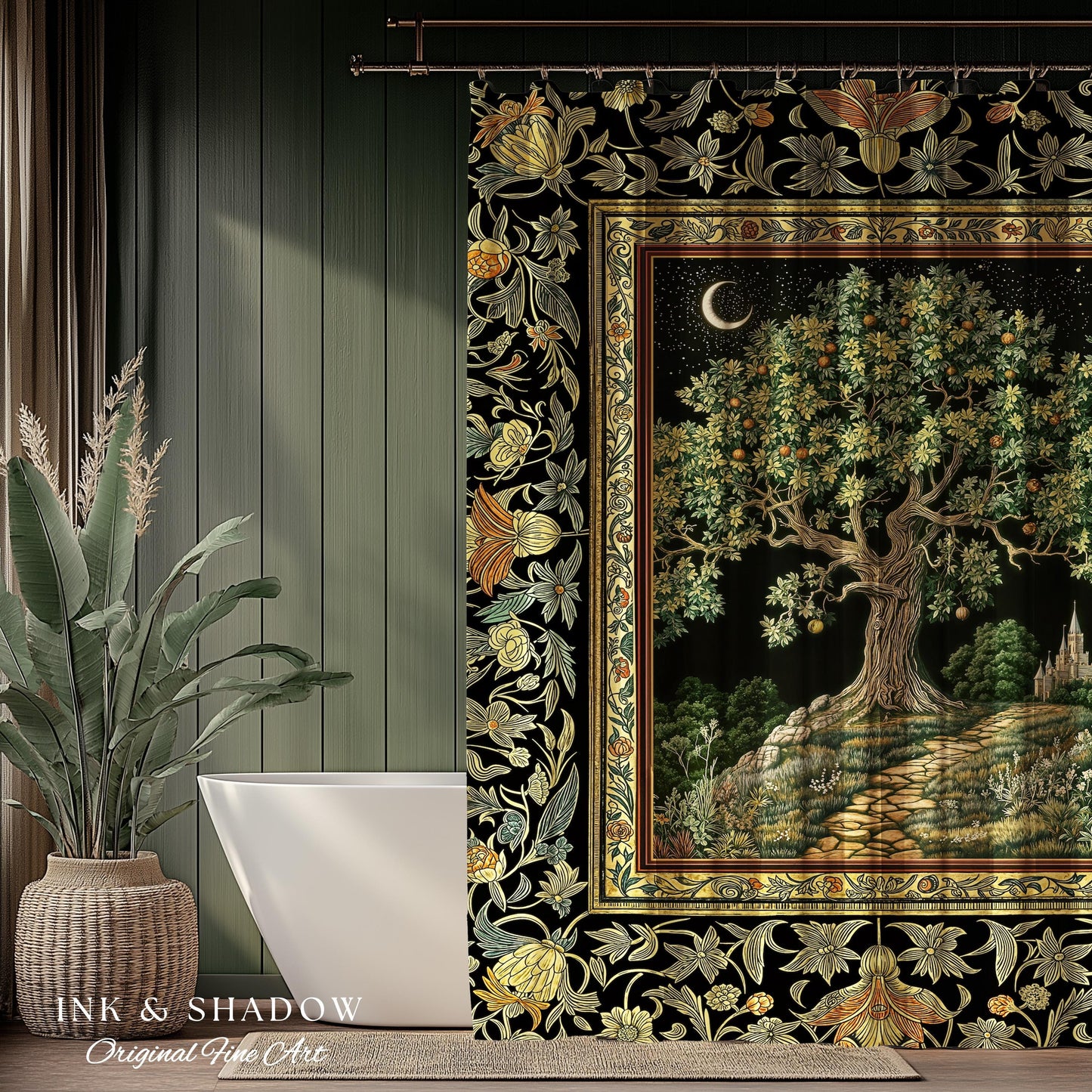 Emerald Aesthetic Folklore Shower Curtain | Celestial Tree of Life Moonlit Forest Enchanted Mystic Woodland Bathroom Cottagecore Whimsical