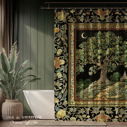 Emerald Aesthetic Folklore Shower Curtain | Celestial Tree of Life Moonlit Forest Enchanted Mystic Woodland Bathroom Cottagecore Whimsical