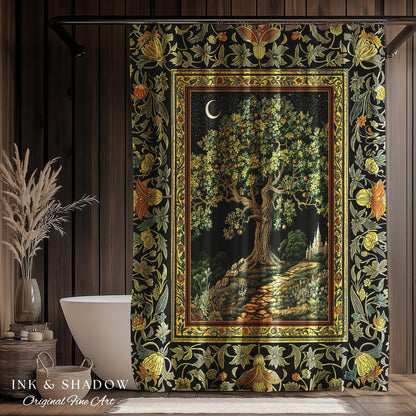 Emerald Aesthetic Folklore Shower Curtain | Celestial Tree of Life Moonlit Forest Enchanted Mystic Woodland Bathroom Cottagecore Whimsical