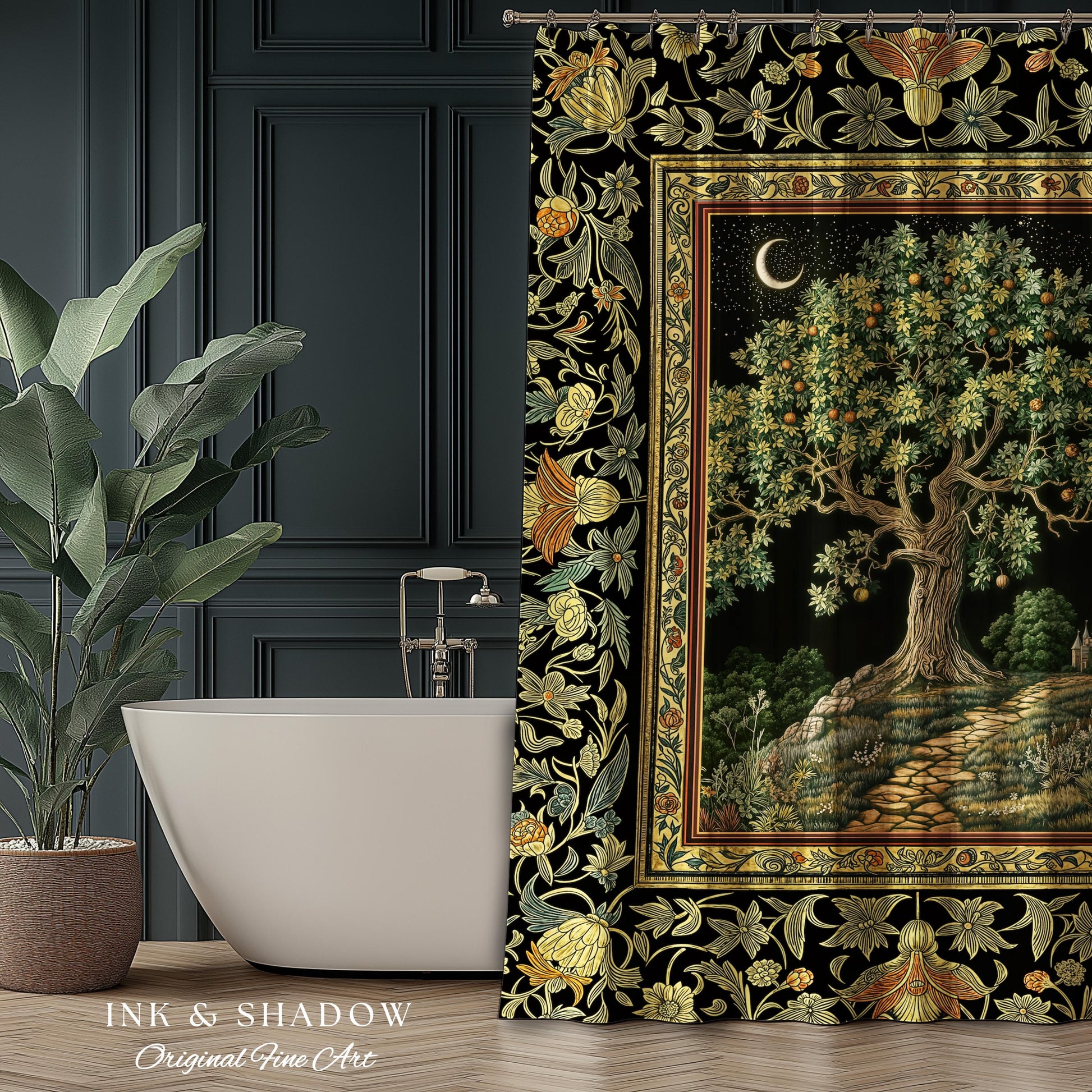 Emerald Aesthetic Folklore Shower Curtain | Celestial Tree of Life Moonlit Forest Enchanted Mystic Woodland Bathroom Cottagecore Whimsical