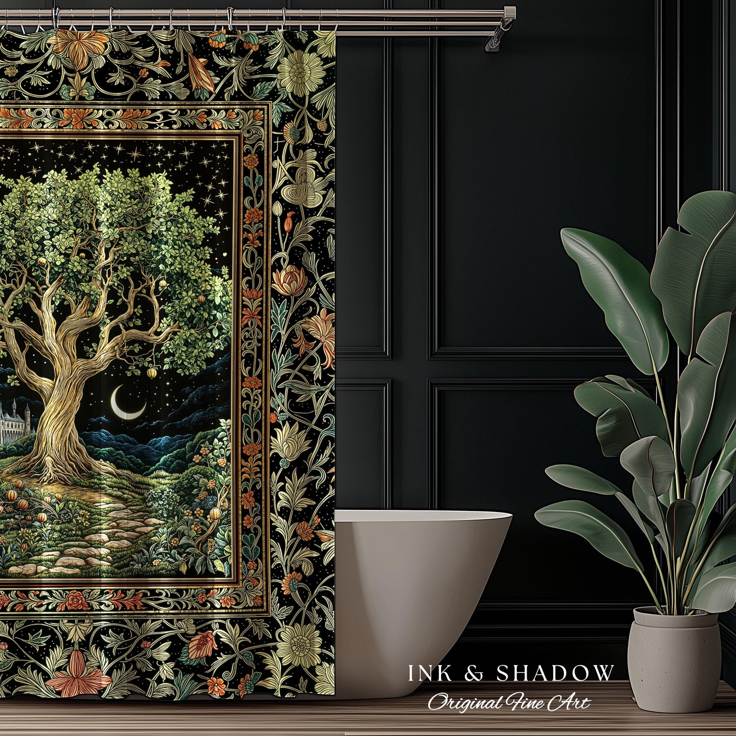 Fairytale Castle Tree of Life Shower Curtain | Celestial Forest Landscape Starry Sky Decor Witchy Bathroom Accent Mystical Cottagecore Boho