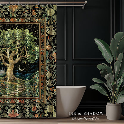 Fairytale Castle Tree of Life Shower Curtain | Celestial Forest Landscape Starry Sky Decor Witchy Bathroom Accent Mystical Cottagecore Boho