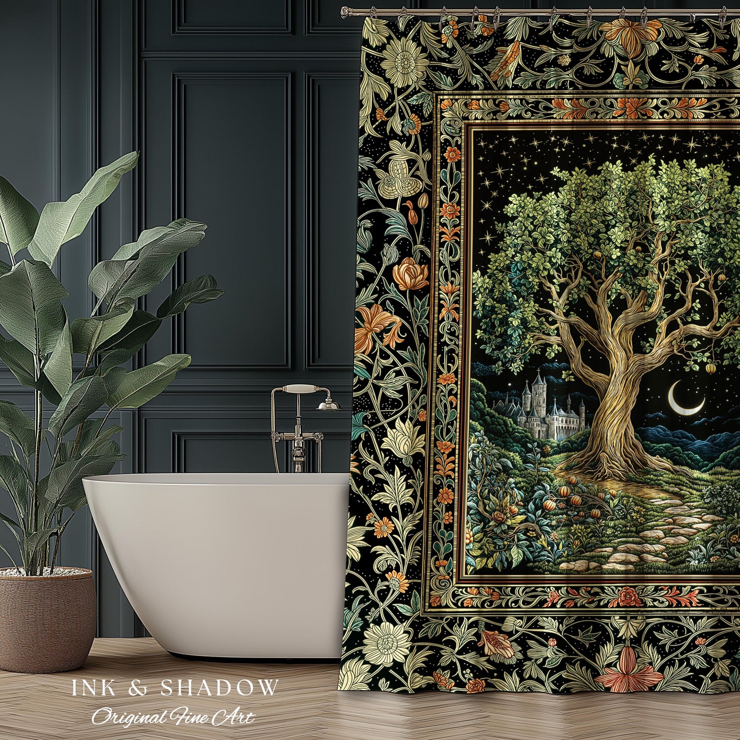Fairytale Castle Tree of Life Shower Curtain | Celestial Forest Landscape Starry Sky Decor Witchy Bathroom Accent Mystical Cottagecore Boho