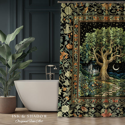 Fairytale Castle Tree of Life Shower Curtain | Celestial Forest Landscape Starry Sky Decor Witchy Bathroom Accent Mystical Cottagecore Boho