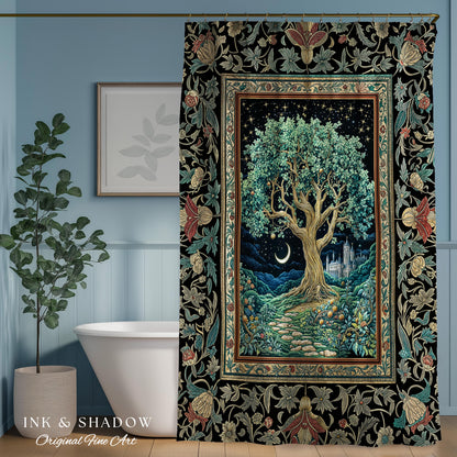 Fantasy Castle Tree of Life Shower Curtain | Celestial Moon Decor Star Garden Design Folklore Inspired Enchanted Forest Medieval Bathroom |