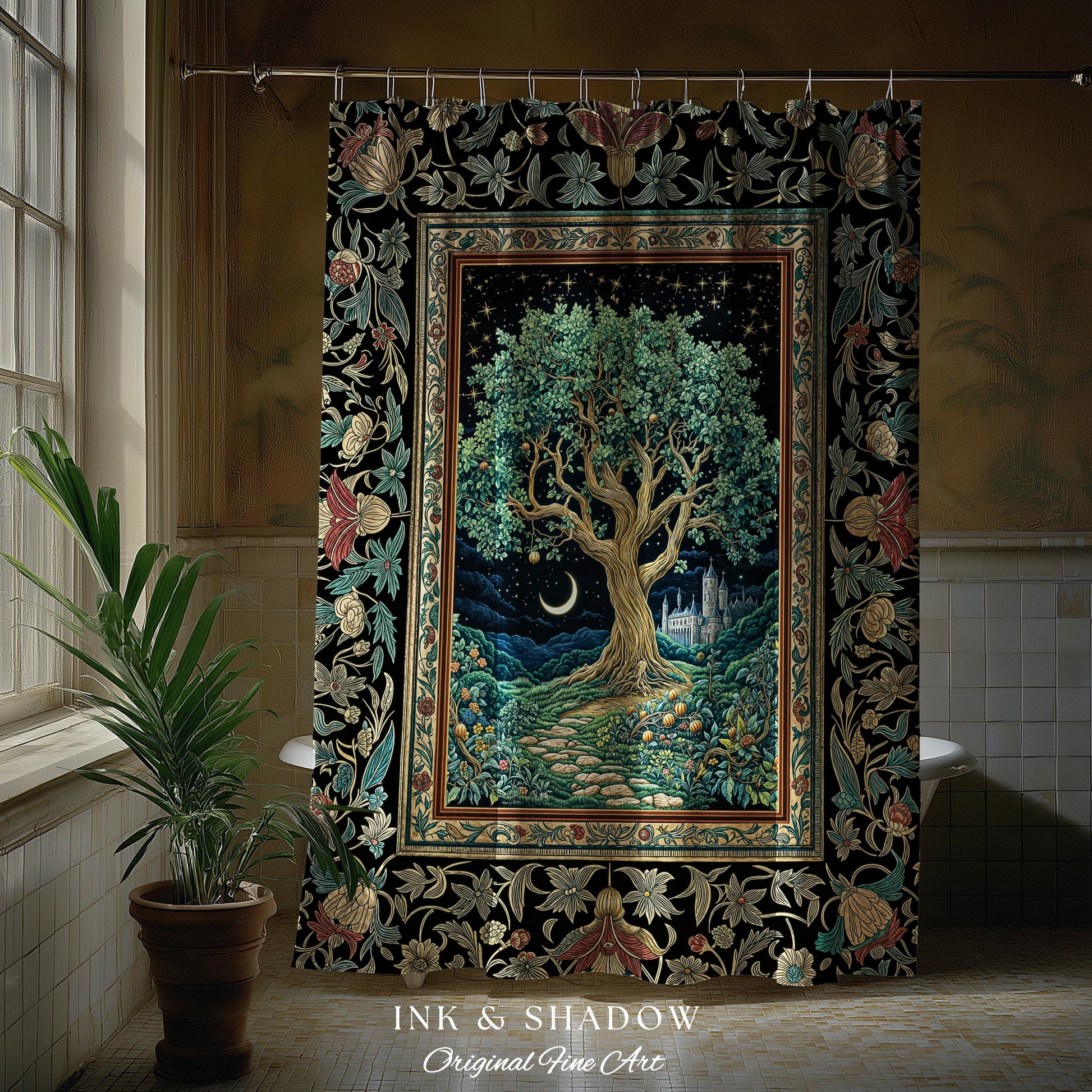 Fantasy Castle Tree of Life Shower Curtain | Celestial Moon Decor Star Garden Design Folklore Inspired Enchanted Forest Medieval Bathroom |