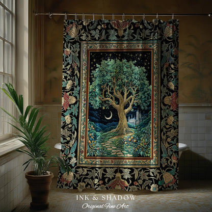 Fantasy Castle Tree of Life Shower Curtain | Celestial Moon Decor Star Garden Design Folklore Inspired Enchanted Forest Medieval Bathroom |