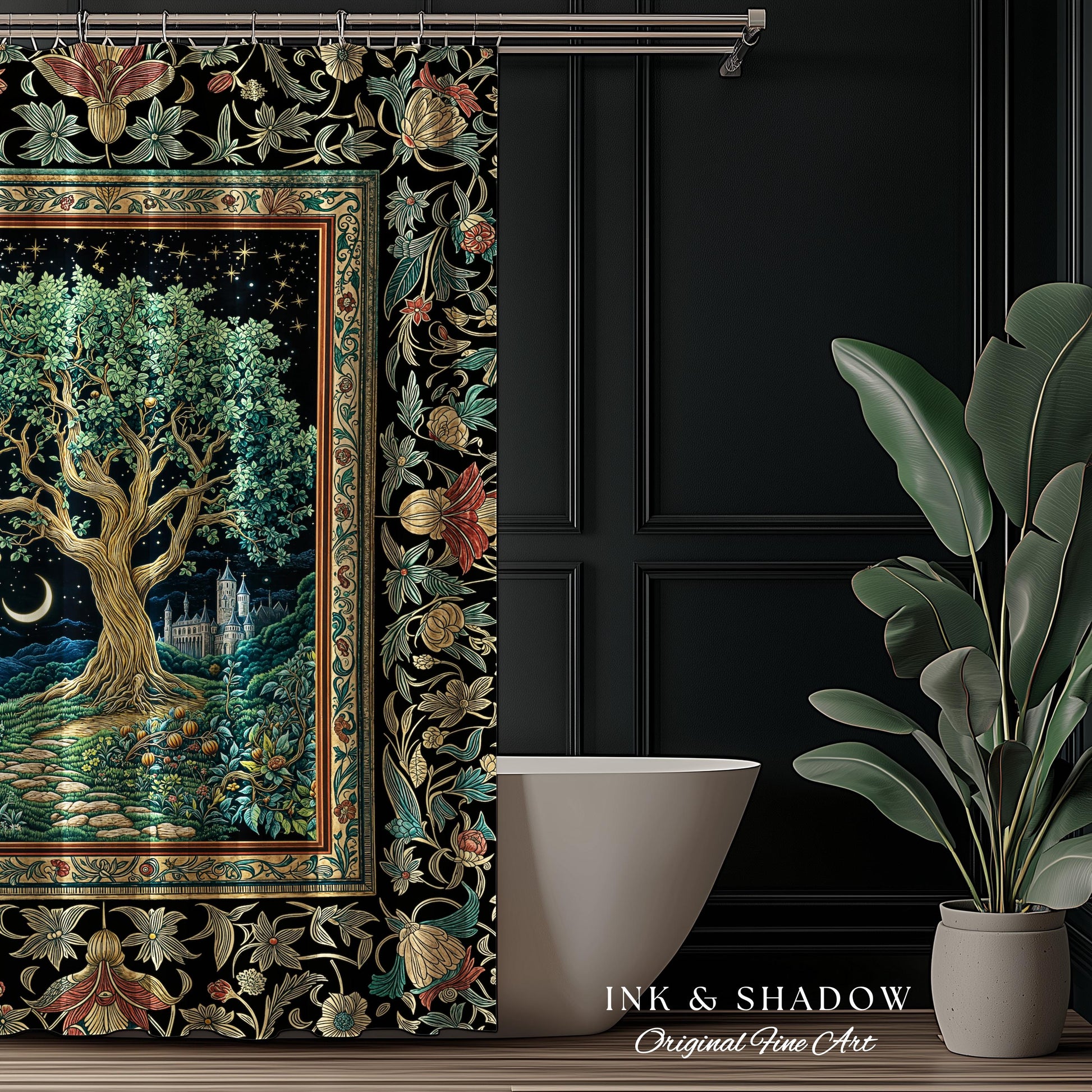 Fantasy Castle Tree of Life Shower Curtain | Celestial Moon Decor Star Garden Design Folklore Inspired Enchanted Forest Medieval Bathroom |
