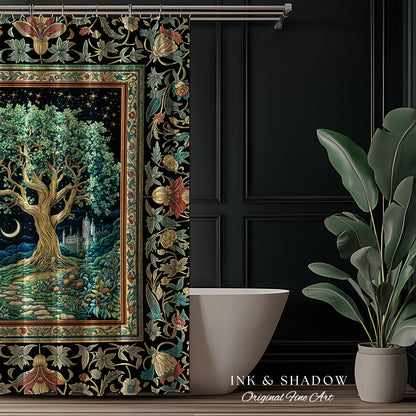 Fantasy Castle Tree of Life Shower Curtain | Celestial Moon Decor Star Garden Design Folklore Inspired Enchanted Forest Medieval Bathroom |