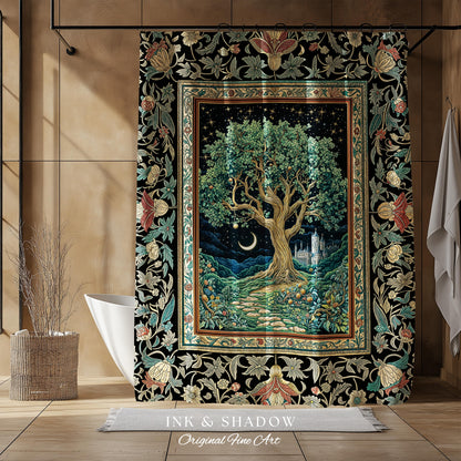 Fantasy Castle Tree of Life Shower Curtain | Celestial Moon Decor Star Garden Design Folklore Inspired Enchanted Forest Medieval Bathroom |