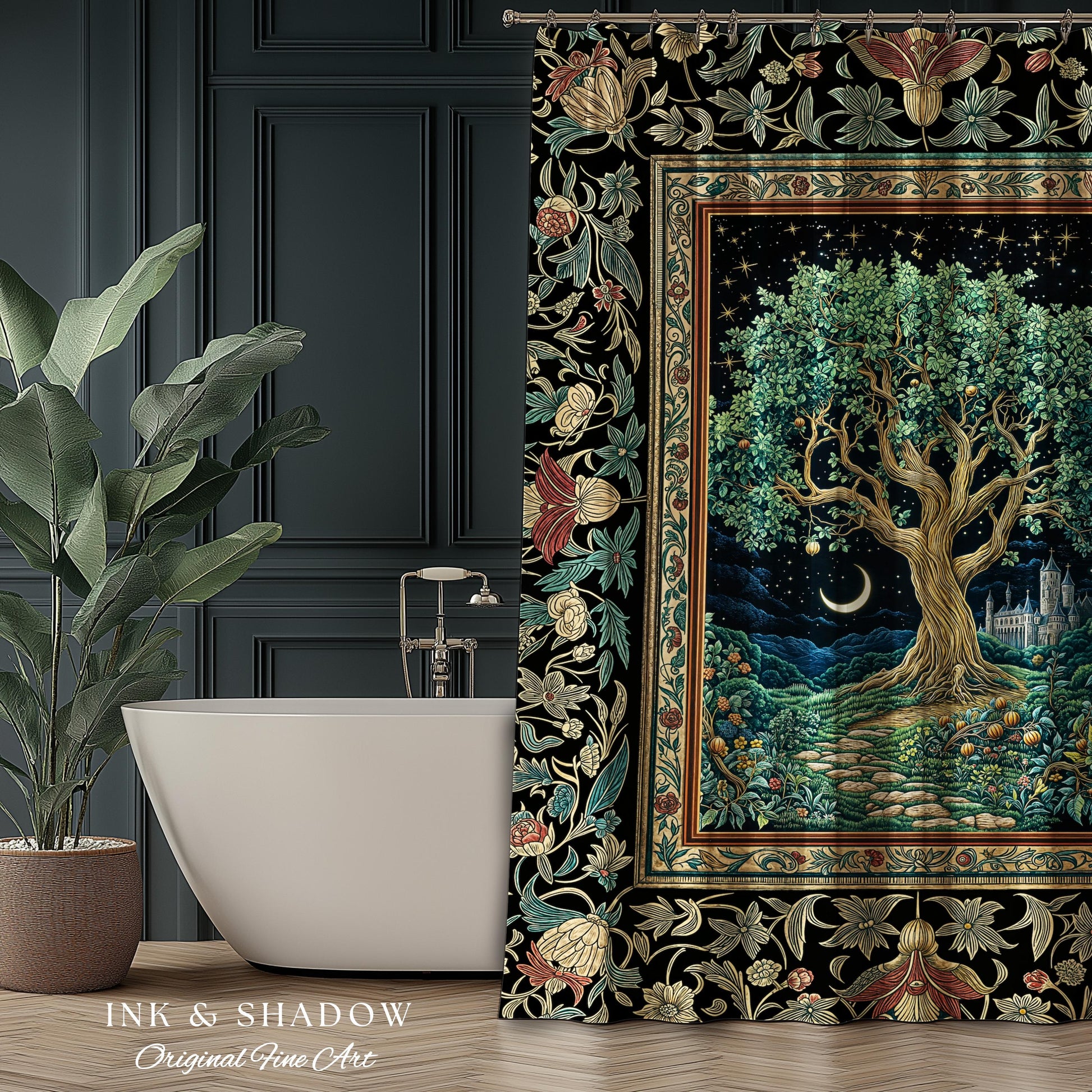 Fantasy Castle Tree of Life Shower Curtain | Celestial Moon Decor Star Garden Design Folklore Inspired Enchanted Forest Medieval Bathroom |