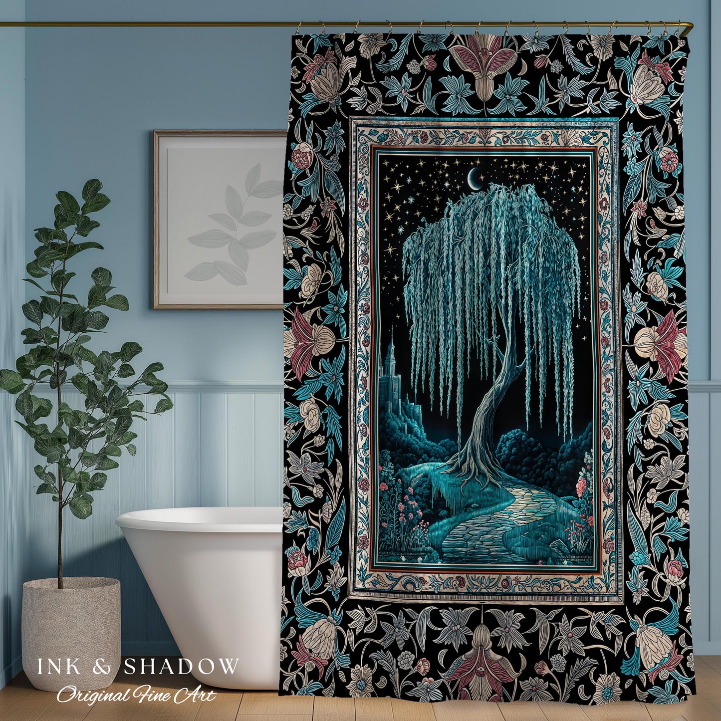 Mystic Weeping Willow Shower Curtain | Moonlit Castle Moody Starry Night Woodland Folklore Fantasy Dark Academia Bathroom Decor Dreamy Style