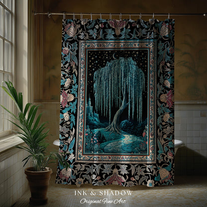 Mystic Weeping Willow Shower Curtain | Moonlit Castle Moody Starry Night Woodland Folklore Fantasy Dark Academia Bathroom Decor Dreamy Style