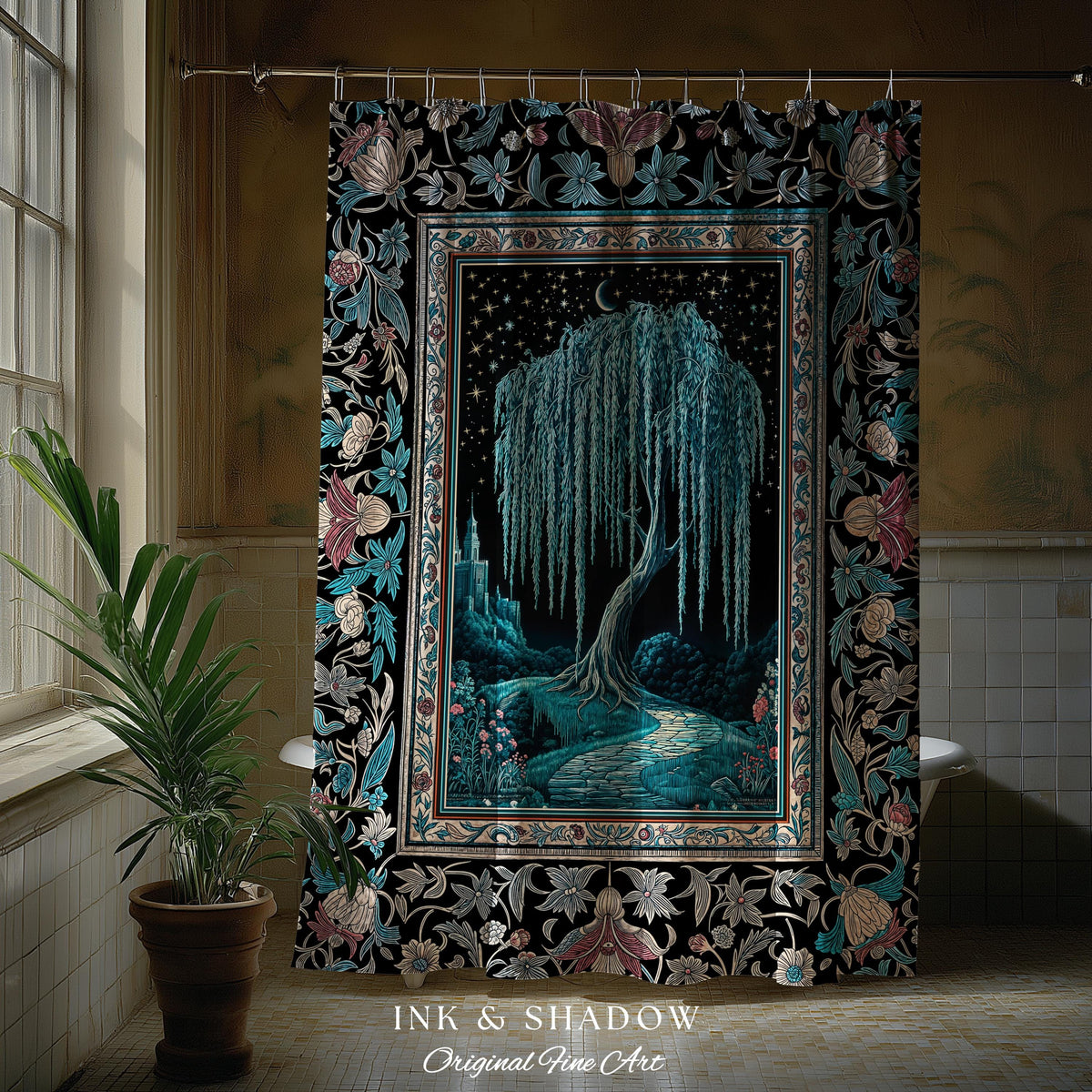 Mystic Weeping Willow Shower Curtain | Moonlit Castle Moody Starry Night Woodland Folklore Fantasy Dark Academia Bathroom Decor Dreamy Style