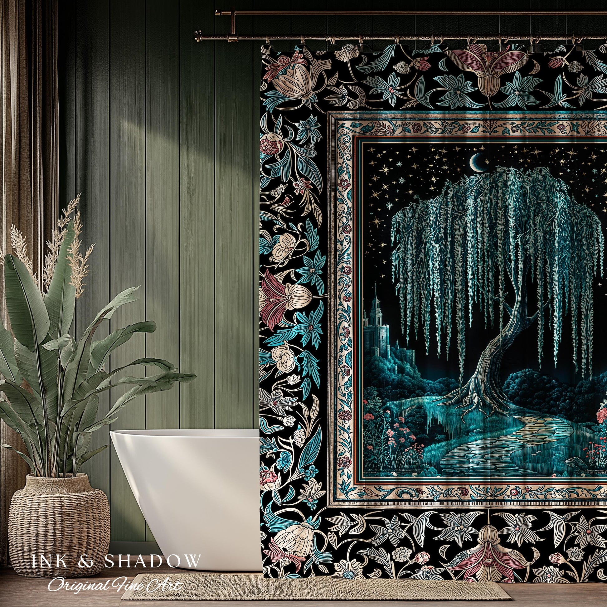 Mystic Weeping Willow Shower Curtain | Moonlit Castle Moody Starry Night Woodland Folklore Fantasy Dark Academia Bathroom Decor Dreamy Style
