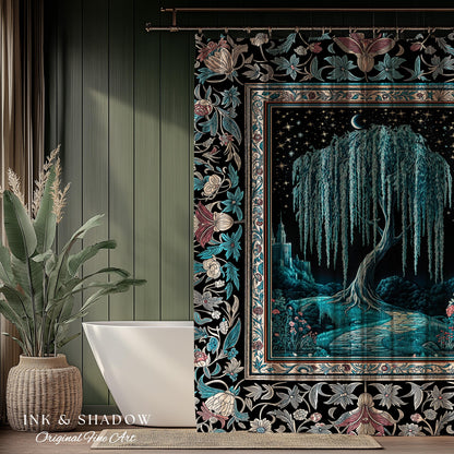 Mystic Weeping Willow Shower Curtain | Moonlit Castle Moody Starry Night Woodland Folklore Fantasy Dark Academia Bathroom Decor Dreamy Style