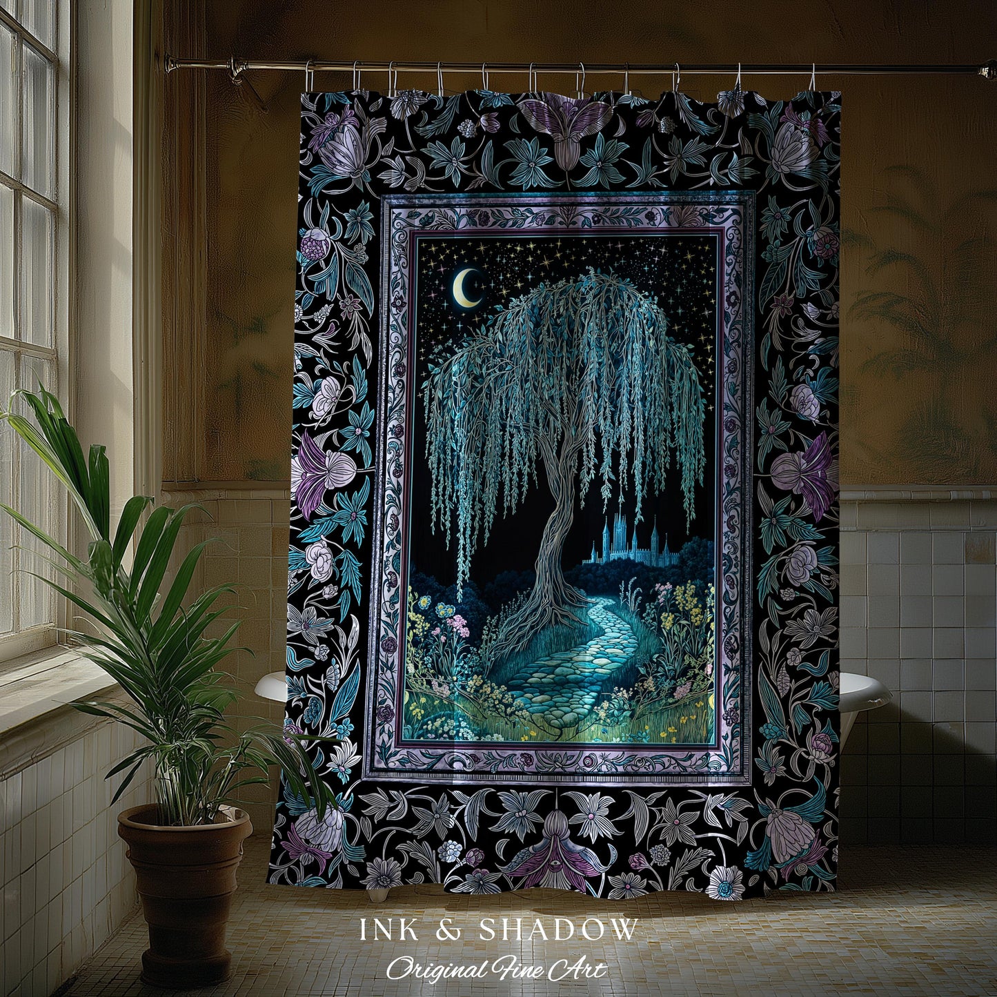 Dreamy Willow Tree Moody Bathroom Decor | Enchanted Aesthetic Celestial Folklore Storybook Witchy Shower Curtain Dark Academia Medieval |