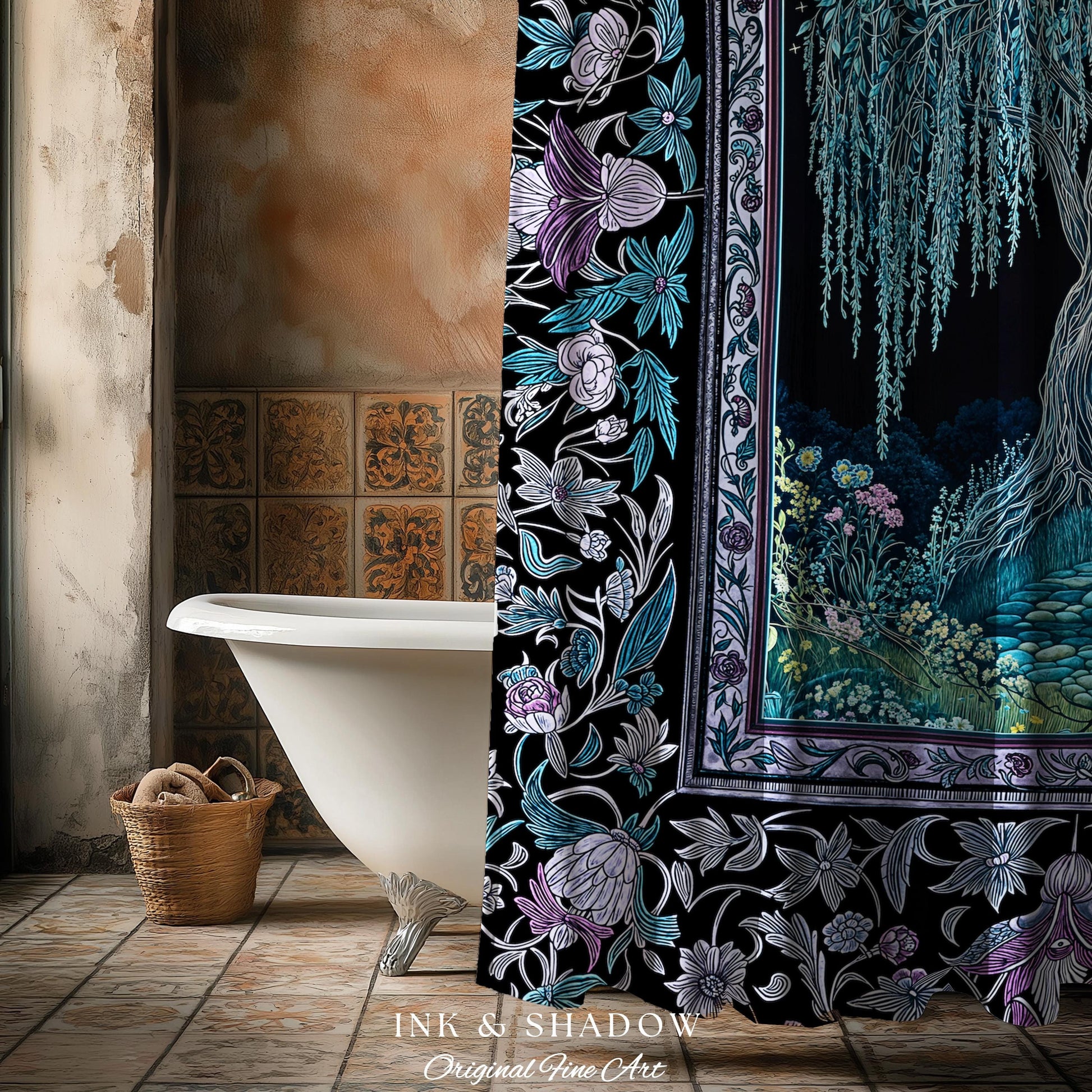 Dreamy Willow Tree Moody Bathroom Decor | Enchanted Aesthetic Celestial Folklore Storybook Witchy Shower Curtain Dark Academia Medieval |