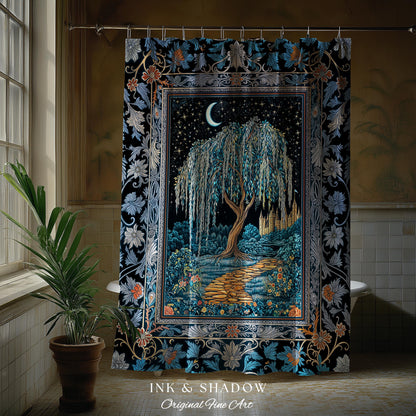 Crescent Moon Medieval Forest Shower Curtain | Weeping Willow Tree Fairytale Castle Garden Folklore Decor Celestial Bathroom Accent Witchy