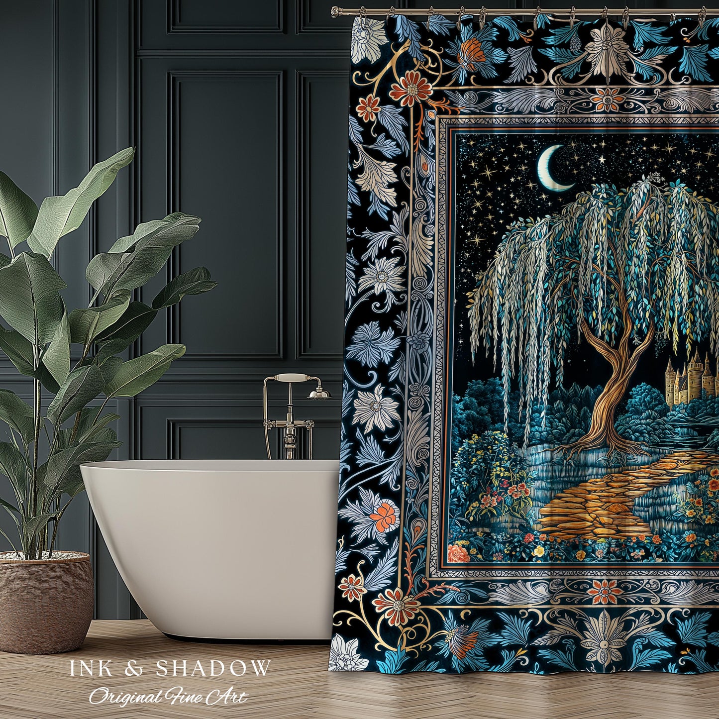 Crescent Moon Medieval Forest Shower Curtain | Weeping Willow Tree Fairytale Castle Garden Folklore Decor Celestial Bathroom Accent Witchy