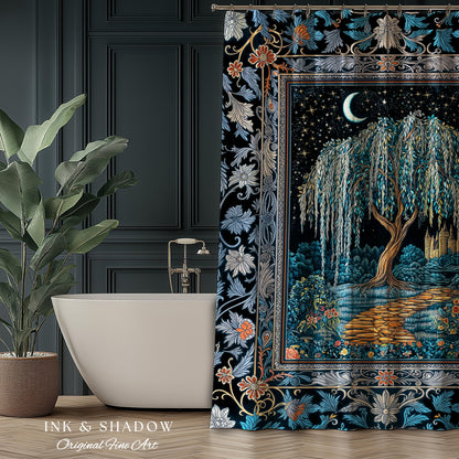 Crescent Moon Medieval Forest Shower Curtain | Weeping Willow Tree Fairytale Castle Garden Folklore Decor Celestial Bathroom Accent Witchy
