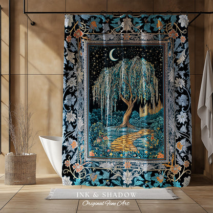 Crescent Moon Medieval Forest Shower Curtain | Weeping Willow Tree Fairytale Castle Garden Folklore Decor Celestial Bathroom Accent Witchy