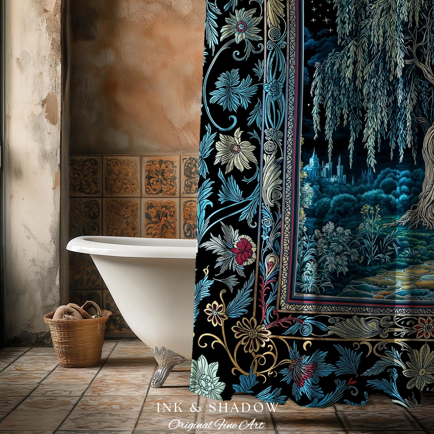 Starry Night Weeping Willow Tree Shower Curtain | Woodland Folklore Aesthetic Moonlit Castle Fairytale Decor Ethereal Witchy Bathroom Accent