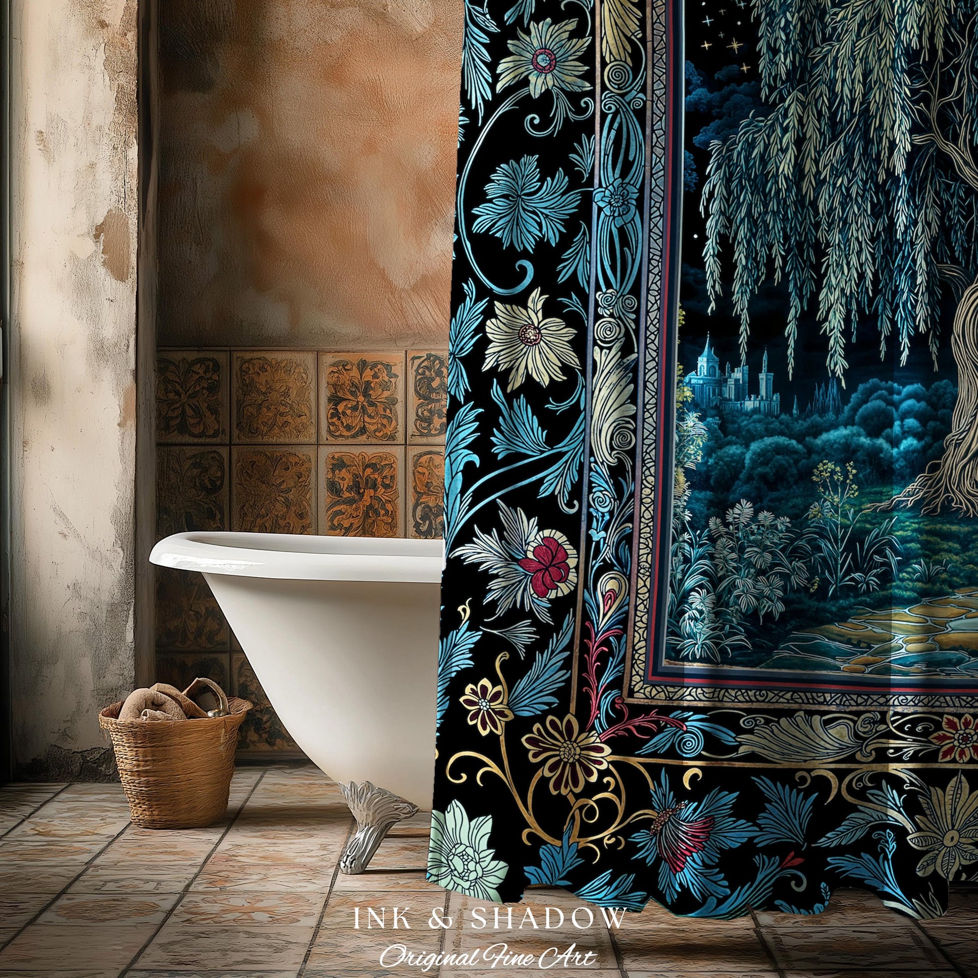 Starry Night Weeping Willow Tree Shower Curtain | Woodland Folklore Aesthetic Moonlit Castle Fairytale Decor Ethereal Witchy Bathroom Accent