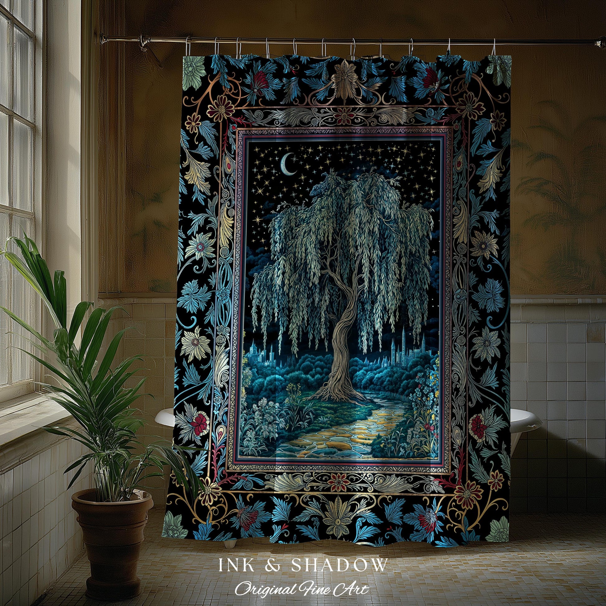 Starry Night Weeping Willow Tree Shower Curtain | Woodland Folklore Aesthetic Moonlit Castle Fairytale Decor Ethereal Witchy Bathroom Accent