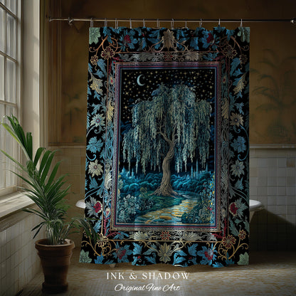 Starry Night Weeping Willow Tree Shower Curtain | Woodland Folklore Aesthetic Moonlit Castle Fairytale Decor Ethereal Witchy Bathroom Accent