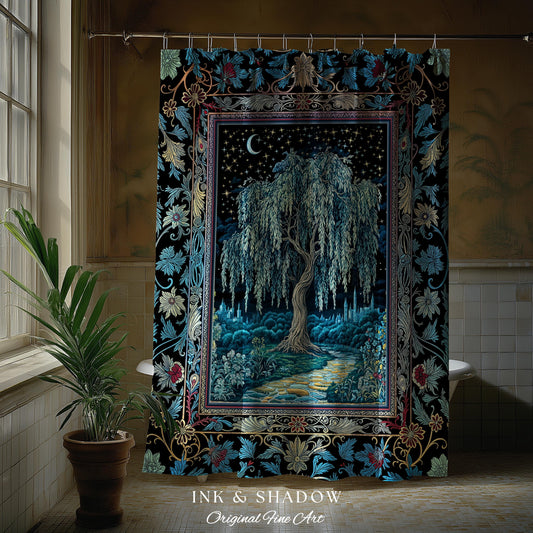Starry Night Weeping Willow Tree Shower Curtain | Woodland Folklore Aesthetic Moonlit Castle Fairytale Decor Ethereal Witchy Bathroom Accent