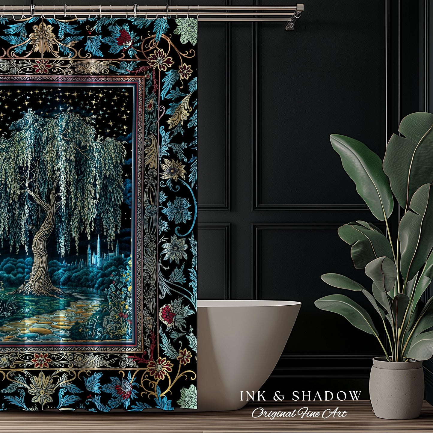 Starry Night Weeping Willow Tree Shower Curtain | Woodland Folklore Aesthetic Moonlit Castle Fairytale Decor Ethereal Witchy Bathroom Accent