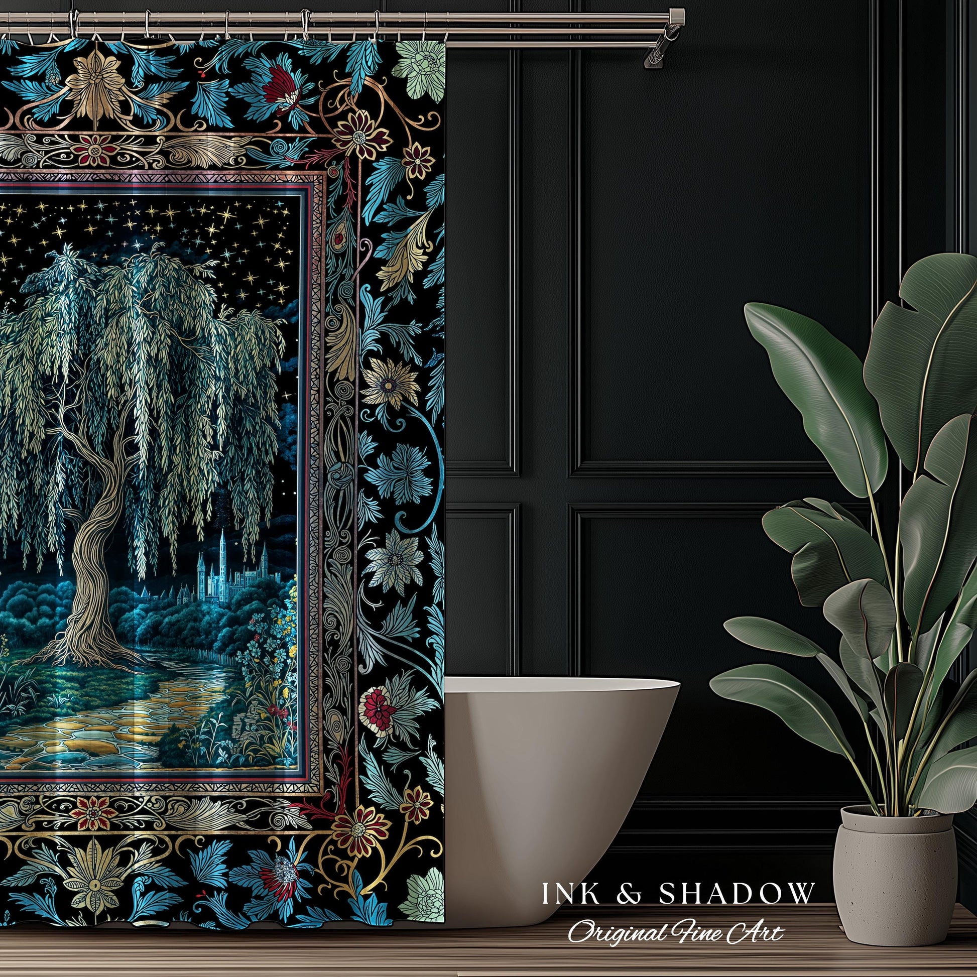 Starry Night Weeping Willow Tree Shower Curtain | Woodland Folklore Aesthetic Moonlit Castle Fairytale Decor Ethereal Witchy Bathroom Accent