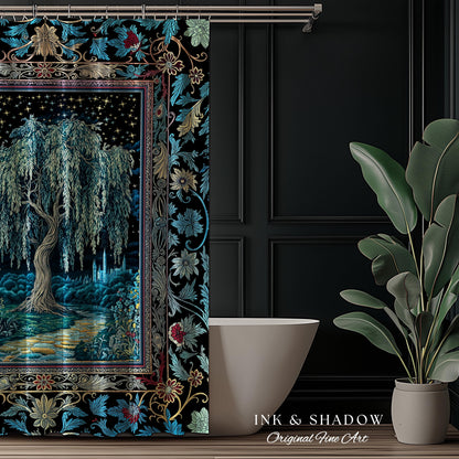 Starry Night Weeping Willow Tree Shower Curtain | Woodland Folklore Aesthetic Moonlit Castle Fairytale Decor Ethereal Witchy Bathroom Accent