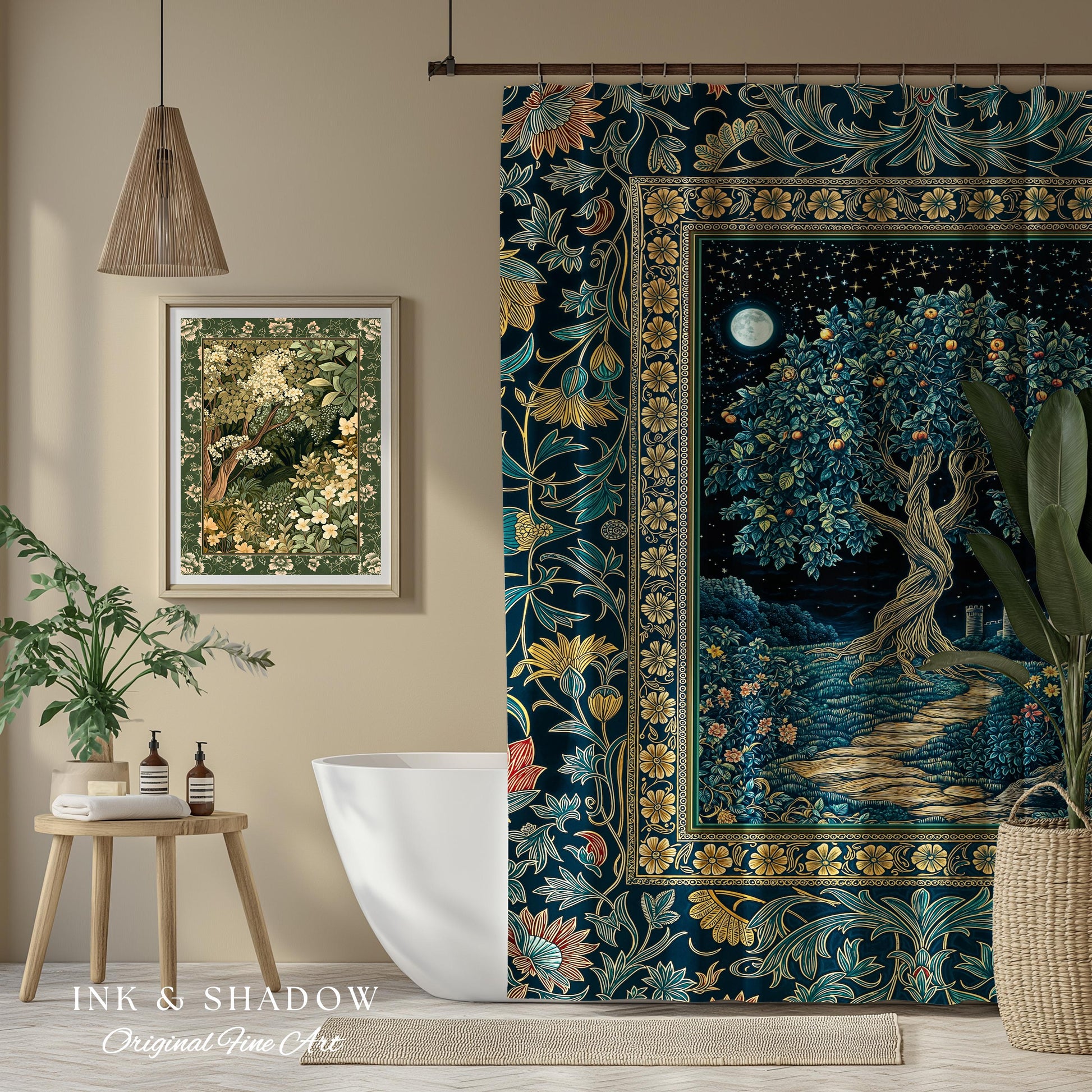 Enchanted Woodland Path Shower Curtain | Dreamy Moonlit Medieval Garden Decor Celestial Willow Tree Fantasy Style Bathroom Accent Fairycore