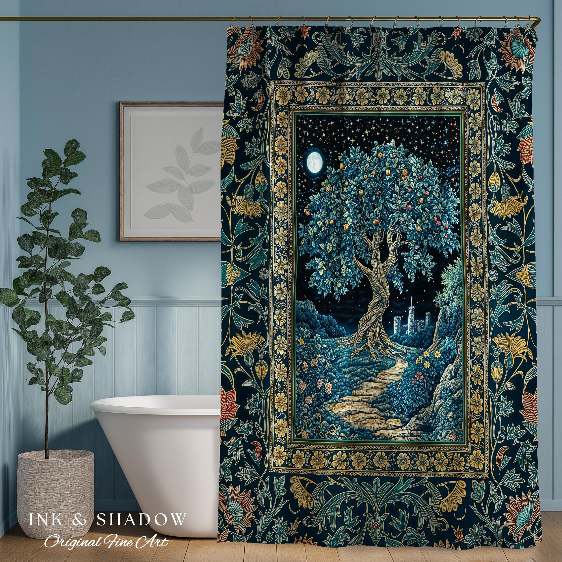 Enchanted Woodland Path Shower Curtain | Dreamy Moonlit Medieval Garden Decor Celestial Willow Tree Fantasy Style Bathroom Accent Fairycore