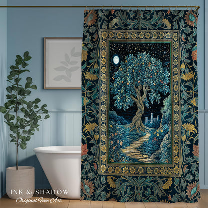 Enchanted Woodland Path Shower Curtain | Dreamy Moonlit Medieval Garden Decor Celestial Willow Tree Fantasy Style Bathroom Accent Fairycore