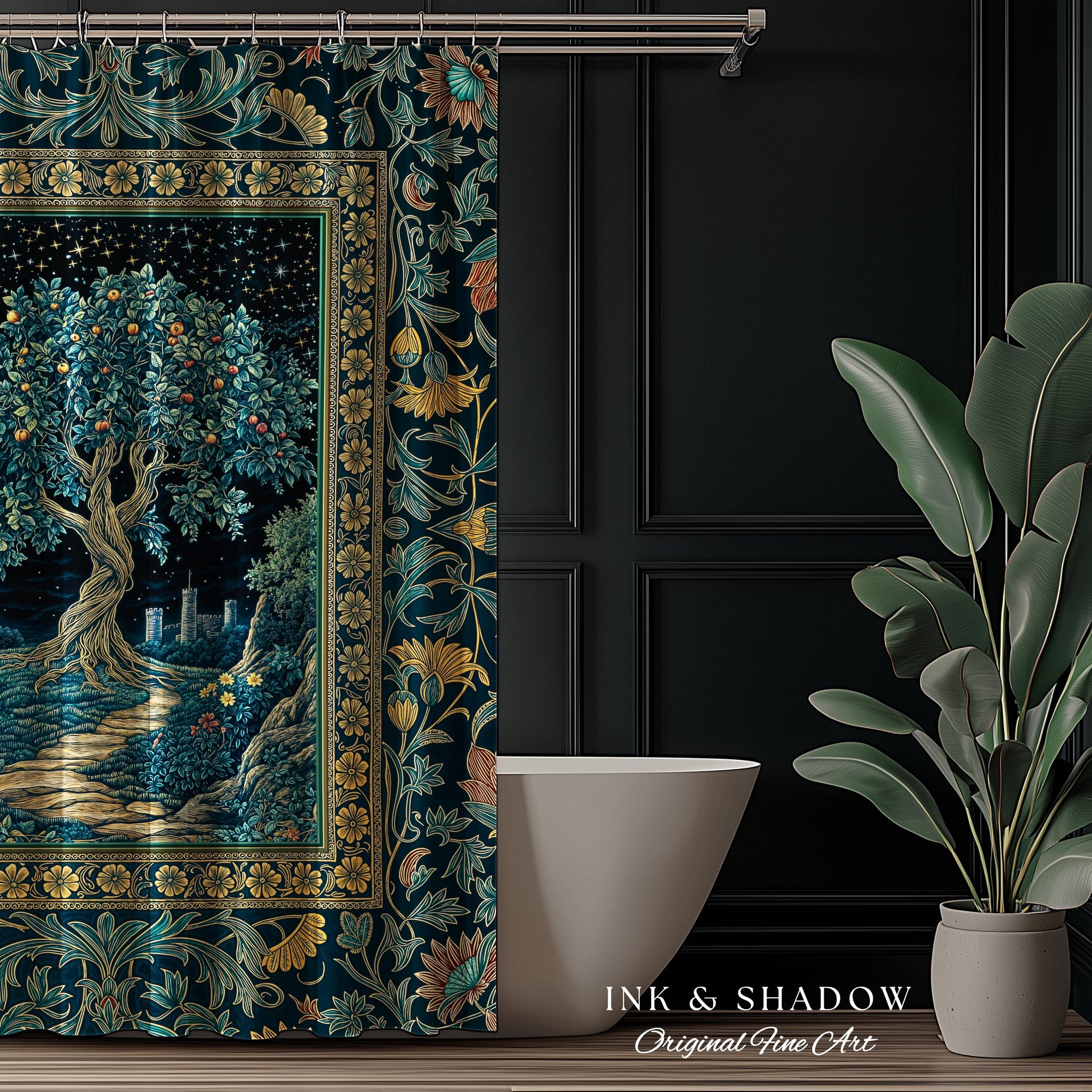 Enchanted Woodland Path Shower Curtain | Dreamy Moonlit Medieval Garden Decor Celestial Willow Tree Fantasy Style Bathroom Accent Fairycore