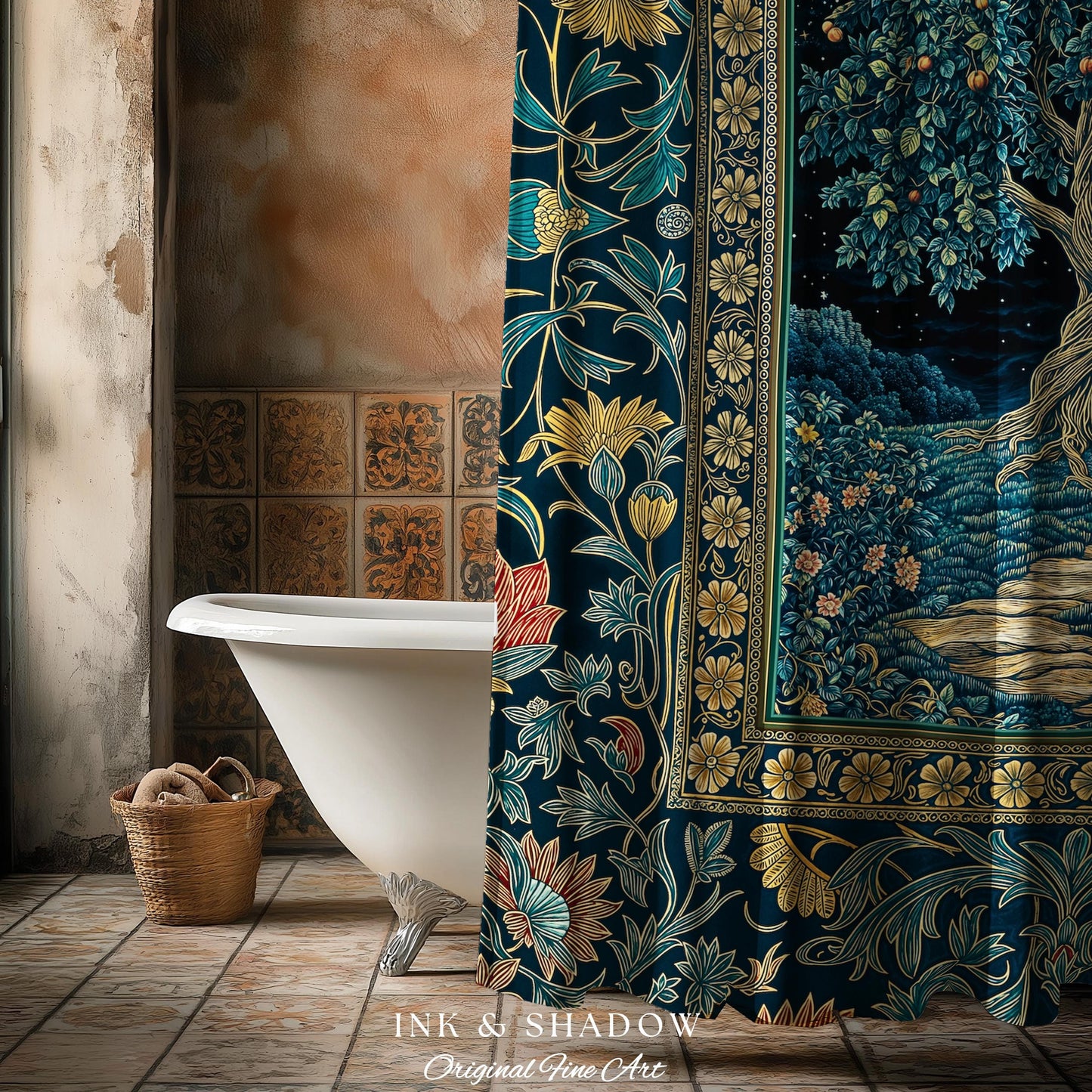 Enchanted Woodland Path Shower Curtain | Dreamy Moonlit Medieval Garden Decor Celestial Willow Tree Fantasy Style Bathroom Accent Fairycore