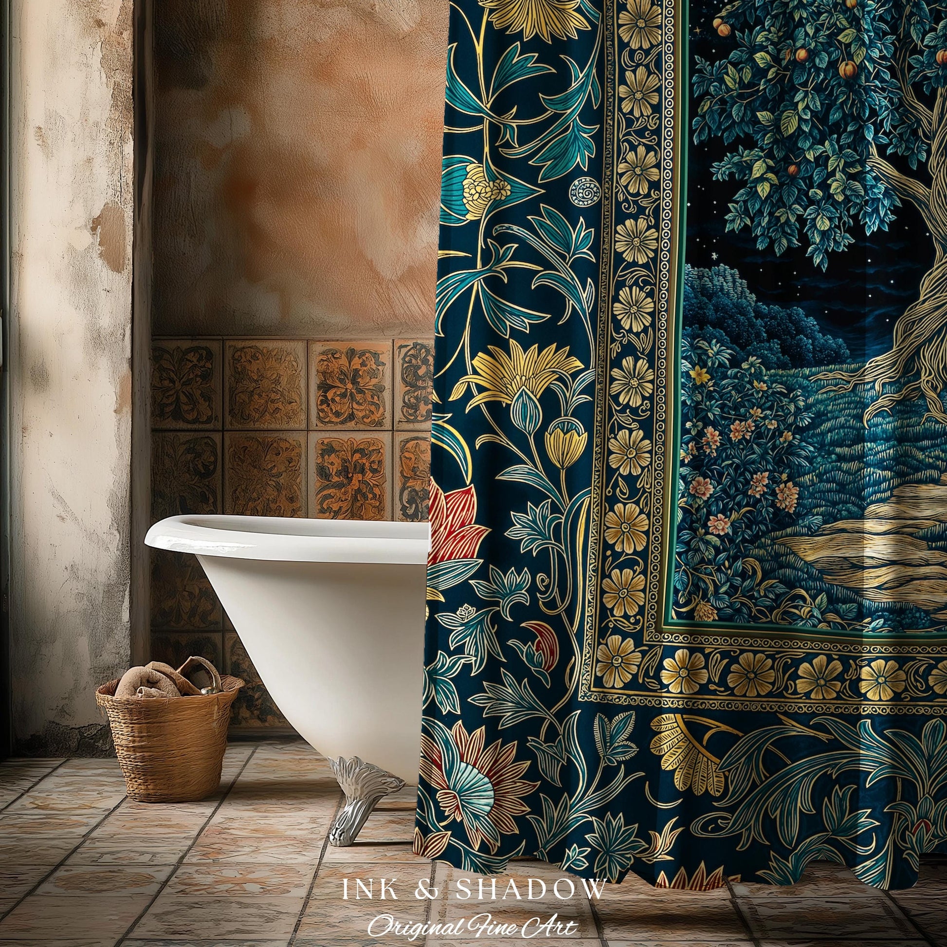 Enchanted Woodland Path Shower Curtain | Dreamy Moonlit Medieval Garden Decor Celestial Willow Tree Fantasy Style Bathroom Accent Fairycore