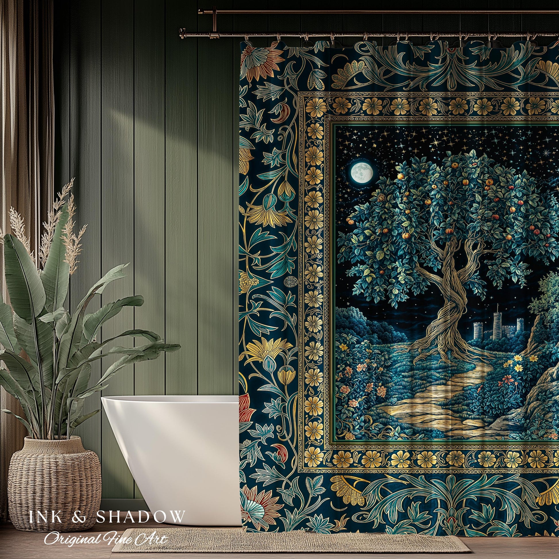 Enchanted Woodland Path Shower Curtain | Dreamy Moonlit Medieval Garden Decor Celestial Willow Tree Fantasy Style Bathroom Accent Fairycore