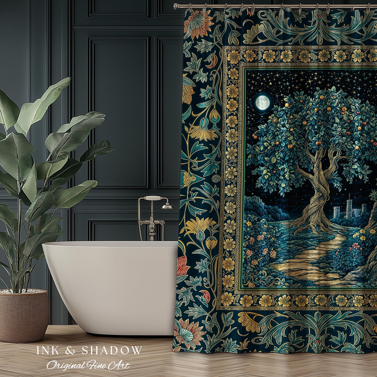 Enchanted Woodland Path Shower Curtain | Dreamy Moonlit Medieval Garden Decor Celestial Willow Tree Fantasy Style Bathroom Accent Fairycore