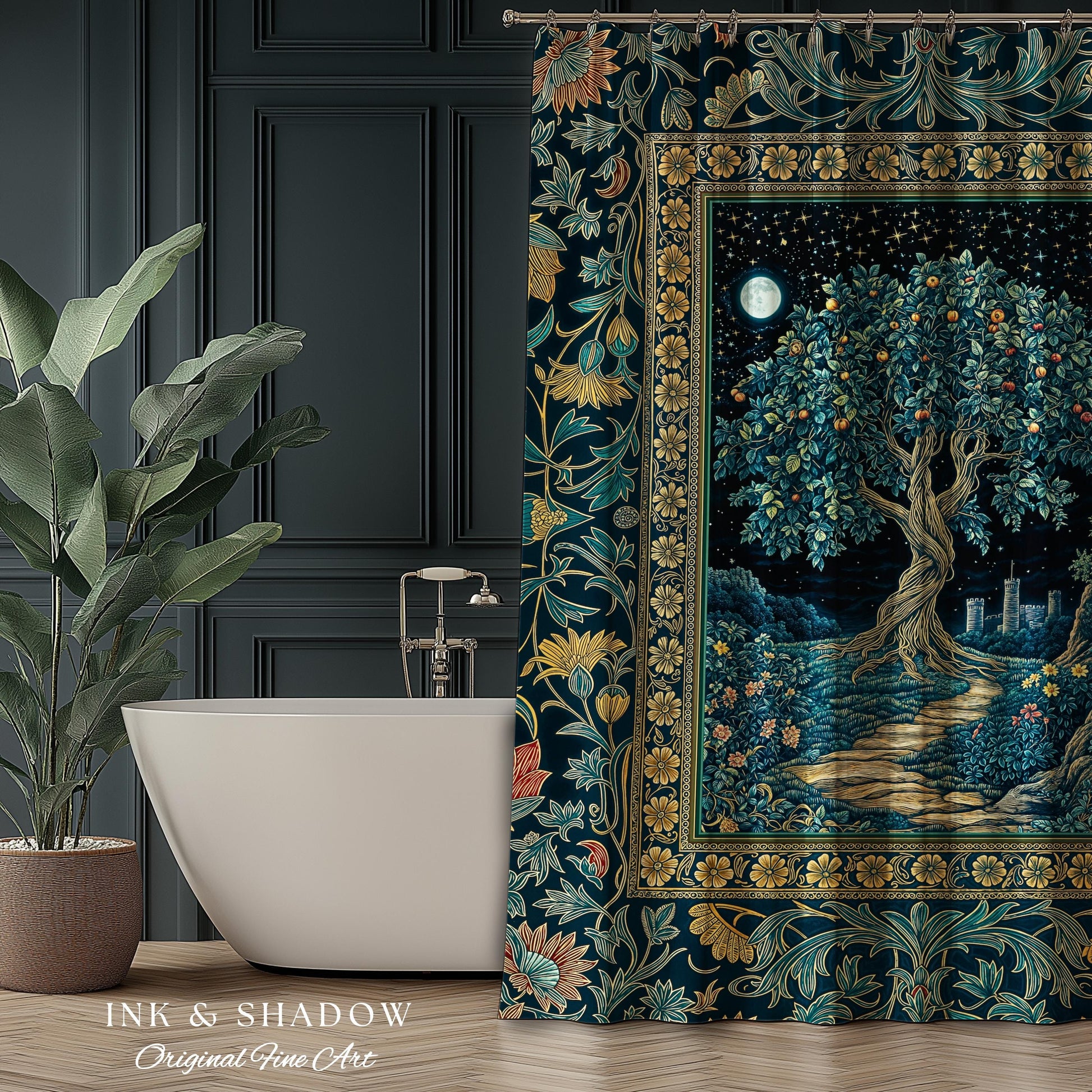 Enchanted Woodland Path Shower Curtain | Dreamy Moonlit Medieval Garden Decor Celestial Willow Tree Fantasy Style Bathroom Accent Fairycore