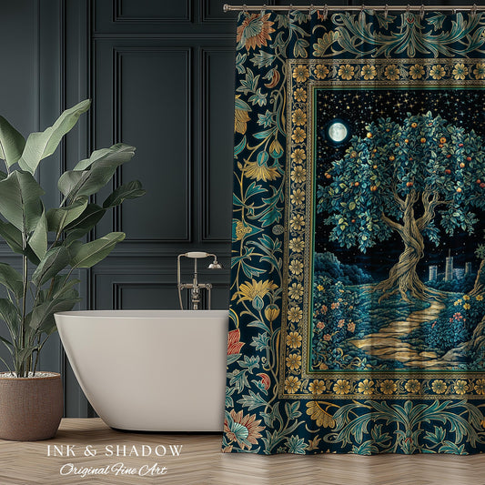 Enchanted Woodland Path Shower Curtain | Dreamy Moonlit Medieval Garden Decor Celestial Willow Tree Fantasy Style Bathroom Accent Fairycore