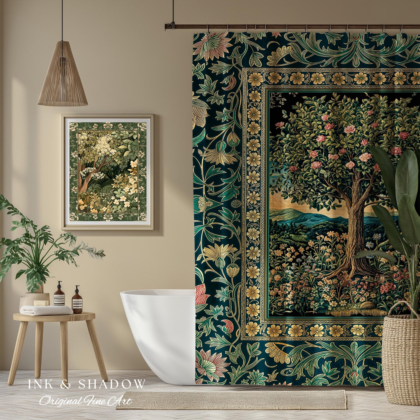 Countryside Sunset Tree of Life Shower Curtain | Elegant Floral Landscape Wildflower Decor Nature Inspired Bathroom Cottagecore Storybook |