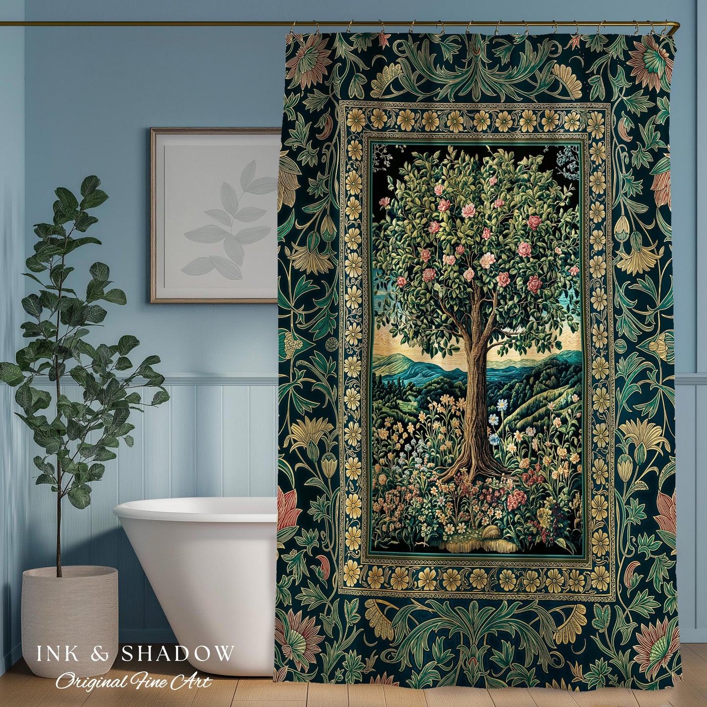 Countryside Sunset Tree of Life Shower Curtain | Elegant Floral Landscape Wildflower Decor Nature Inspired Bathroom Cottagecore Storybook |