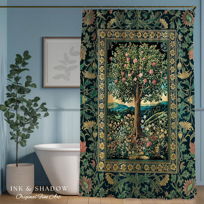 Countryside Sunset Tree of Life Shower Curtain | Elegant Floral Landscape Wildflower Decor Nature Inspired Bathroom Cottagecore Storybook |